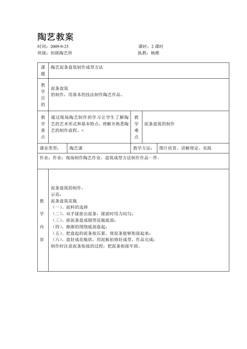 陶艺教案－陶艺泥条盘筑制形成型方法