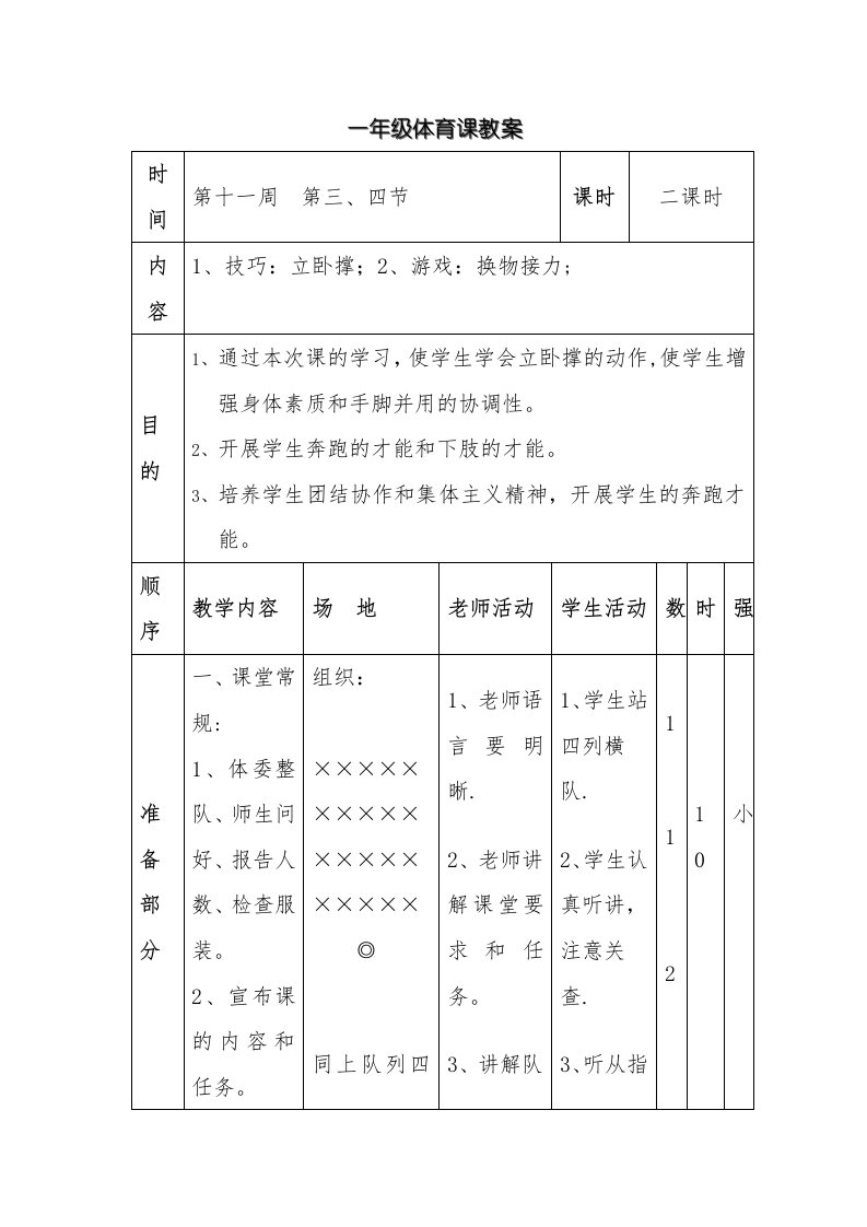 一年级体育课教案：立卧撑