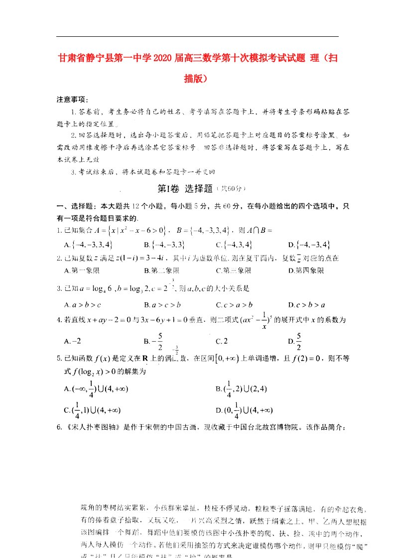 甘肃什宁县第一中学2020届高三数学第十次模拟考试试题理扫描版