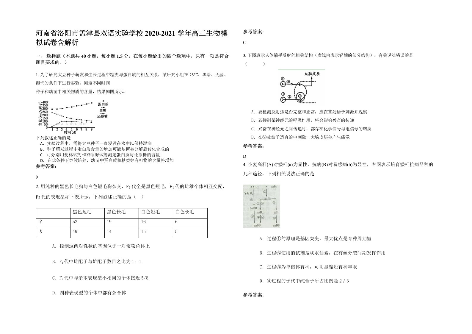 河南省洛阳市孟津县双语实验学校2020-2021学年高三生物模拟试卷含解析