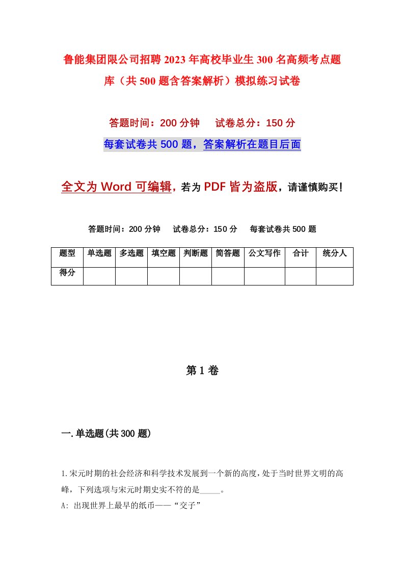 鲁能集团限公司招聘2023年高校毕业生300名高频考点题库共500题含答案解析模拟练习试卷