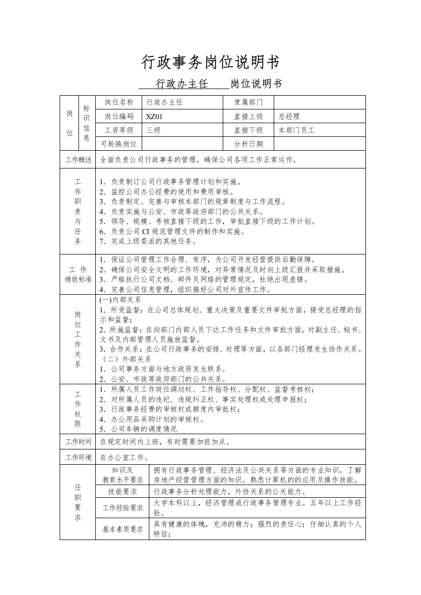 某房产公司行政办主任岗位说明书