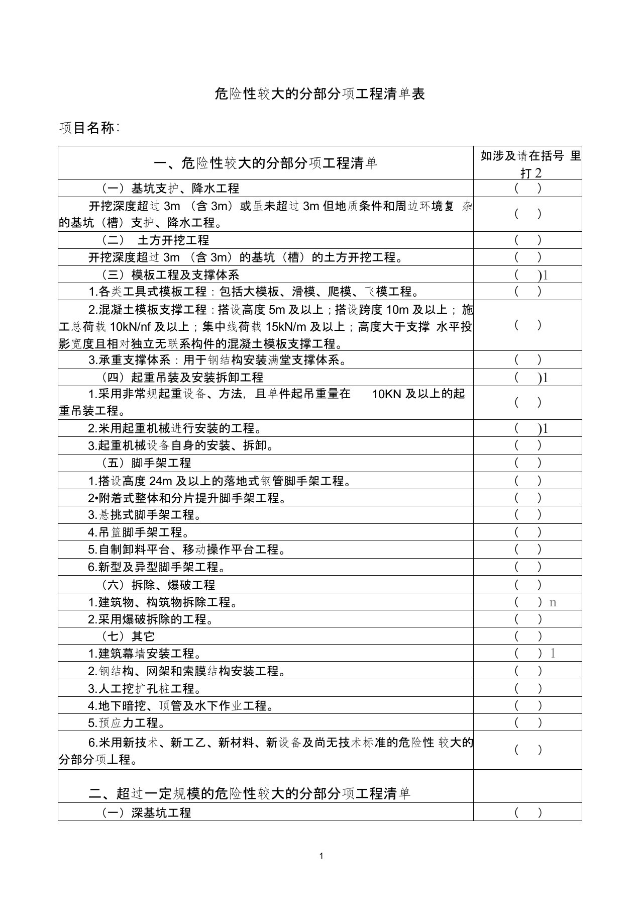 危险性较大的分部分项工程清单表