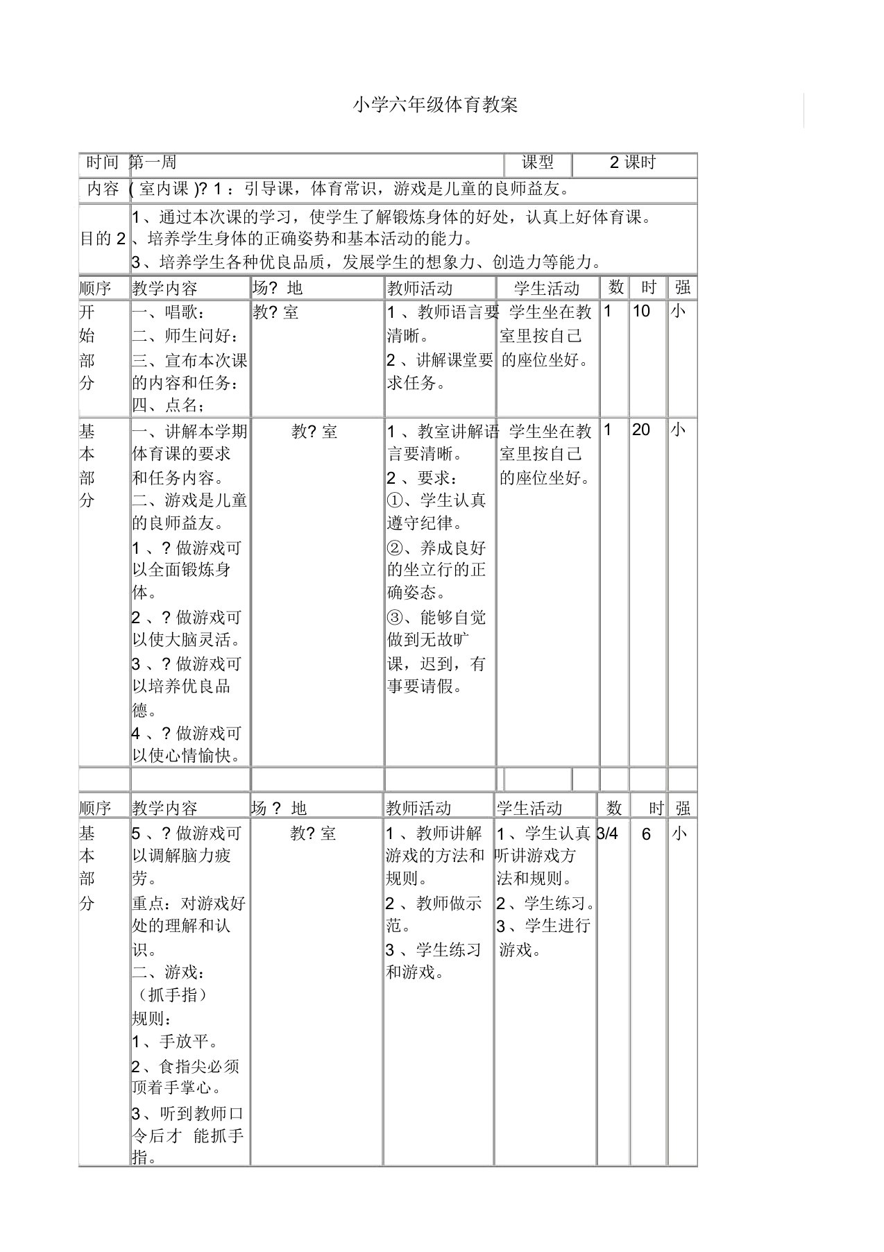 小学六年级体育教案课程全集