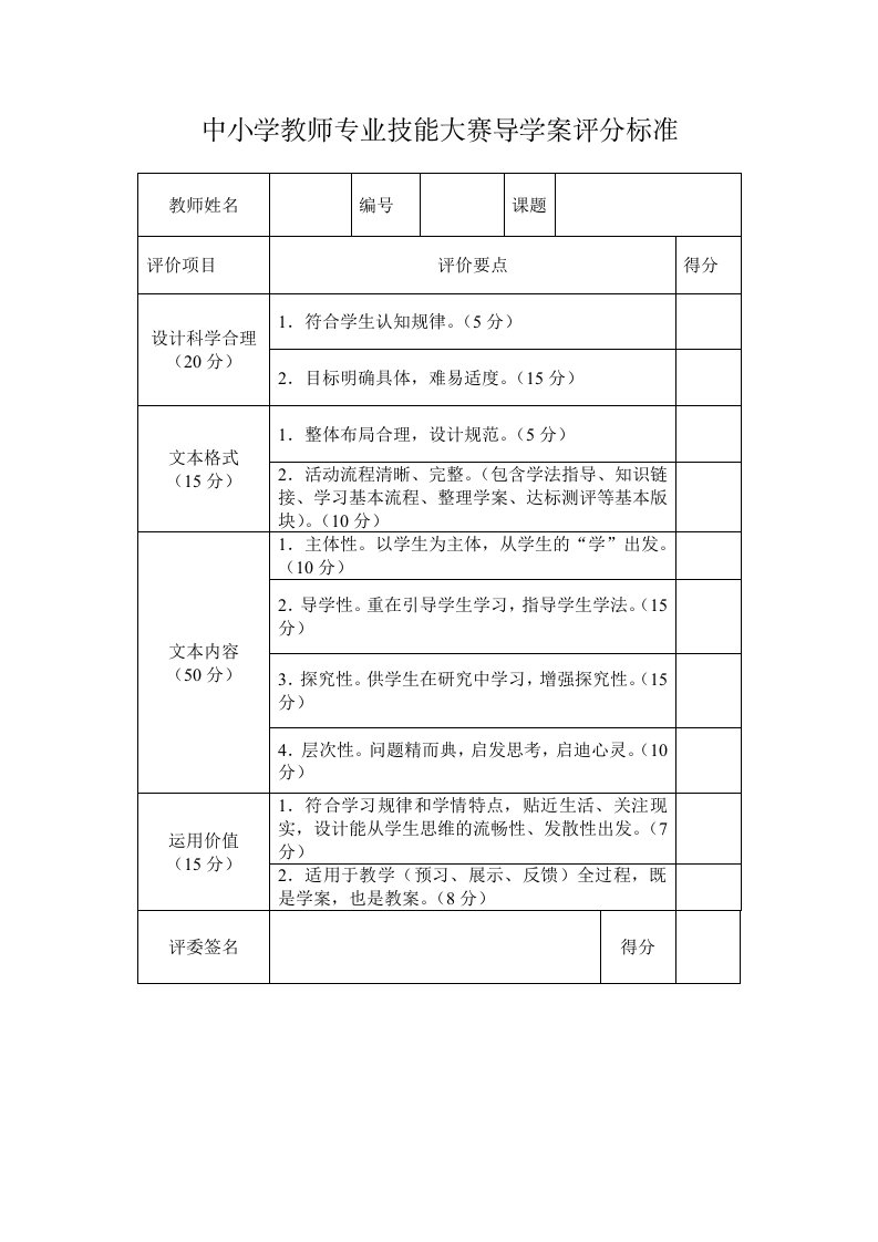 中小学教师技能大赛导学案、微课、说课评分标准