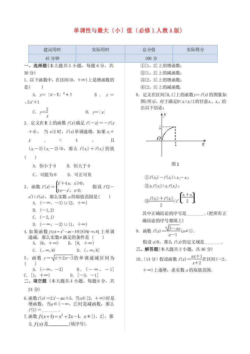 （整理版）单调性与最大（小）值（必修1人教A)