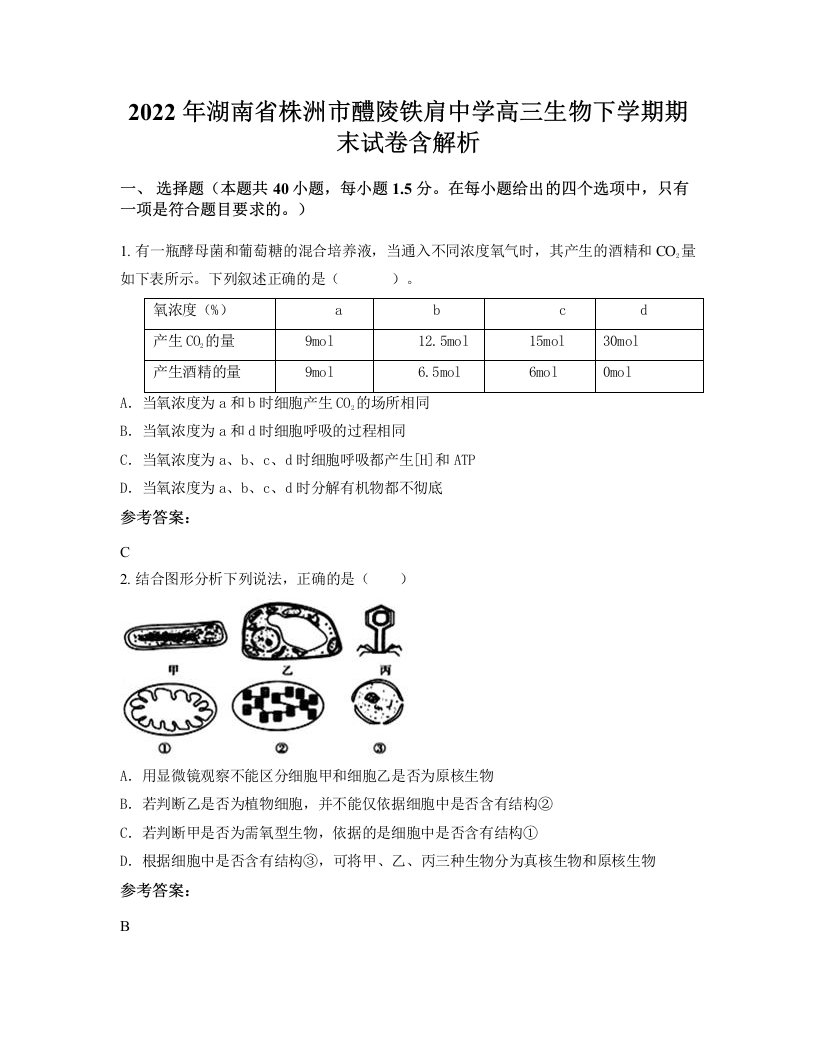 2022年湖南省株洲市醴陵铁肩中学高三生物下学期期末试卷含解析