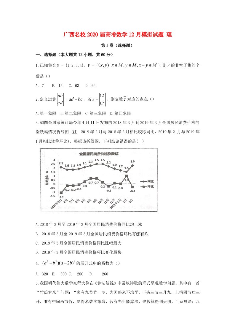 广西名校2020届高考数学12月模拟试题