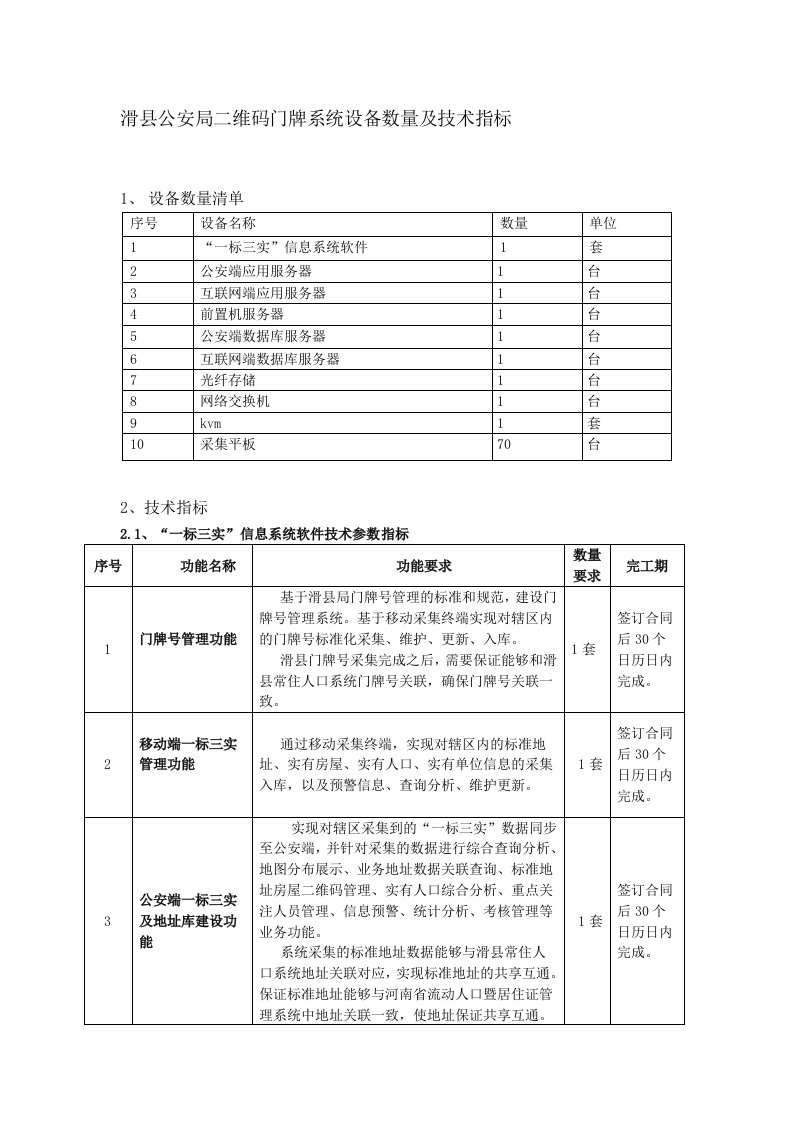 滑公安局二维码门牌系统设备数量及技术指标