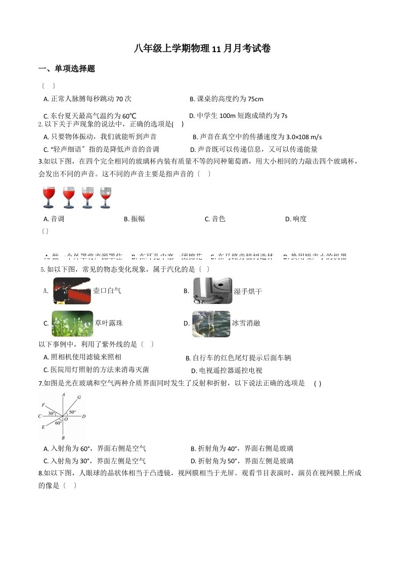 江苏省东台市八年级上学期物理11月月考试卷含解析答案