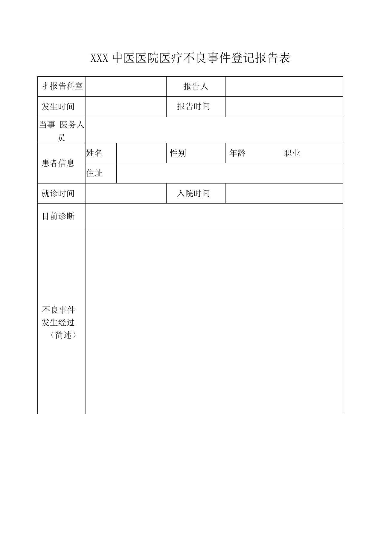 医疗不良事件登记报告表