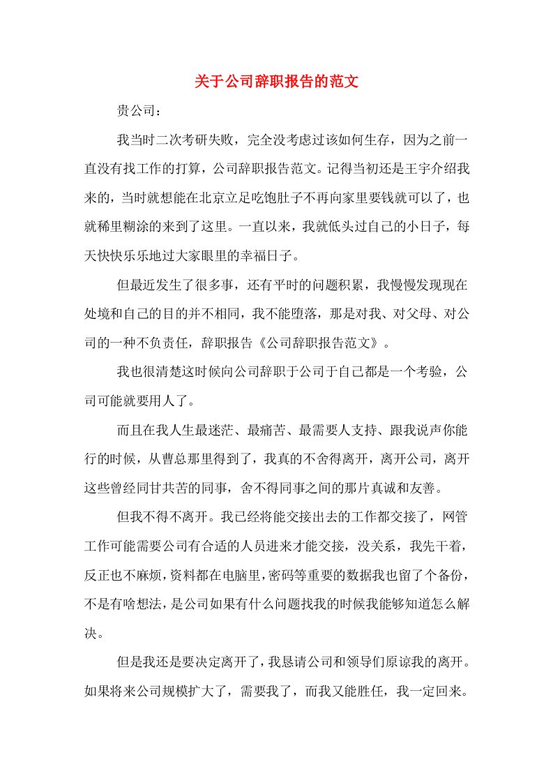 关于公司辞职报告的范文