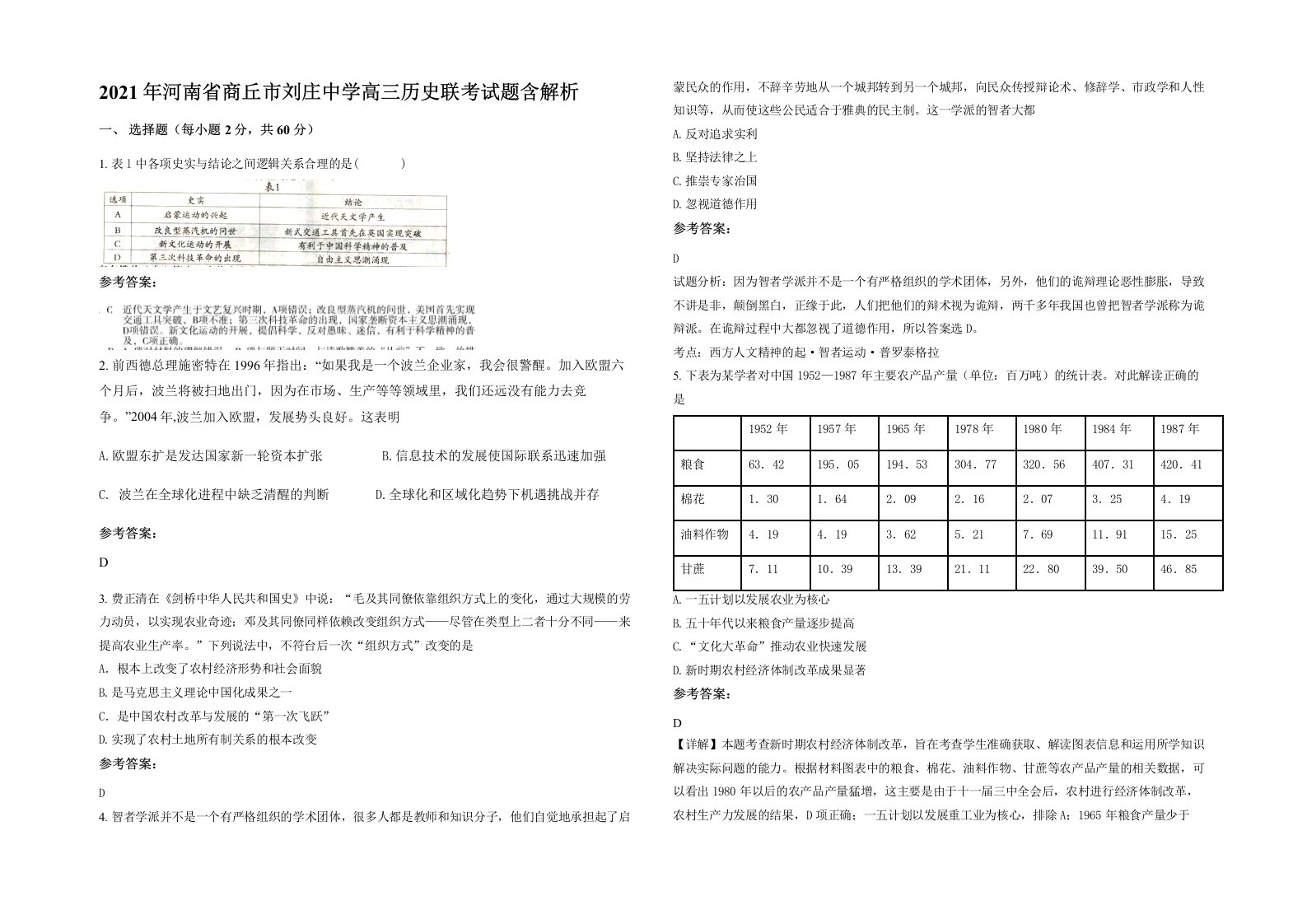 2021年河南省商丘市刘庄中学高三历史联考试题含解析