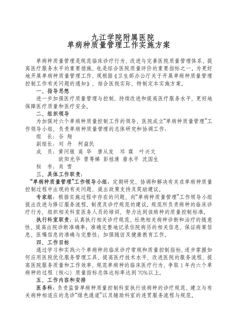 医院单病种质量管理工作实施方案