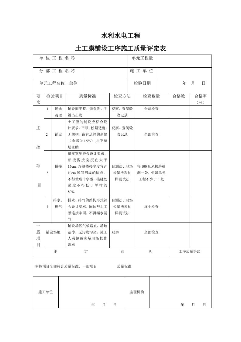 土工膜铺设工序施工质量评定表