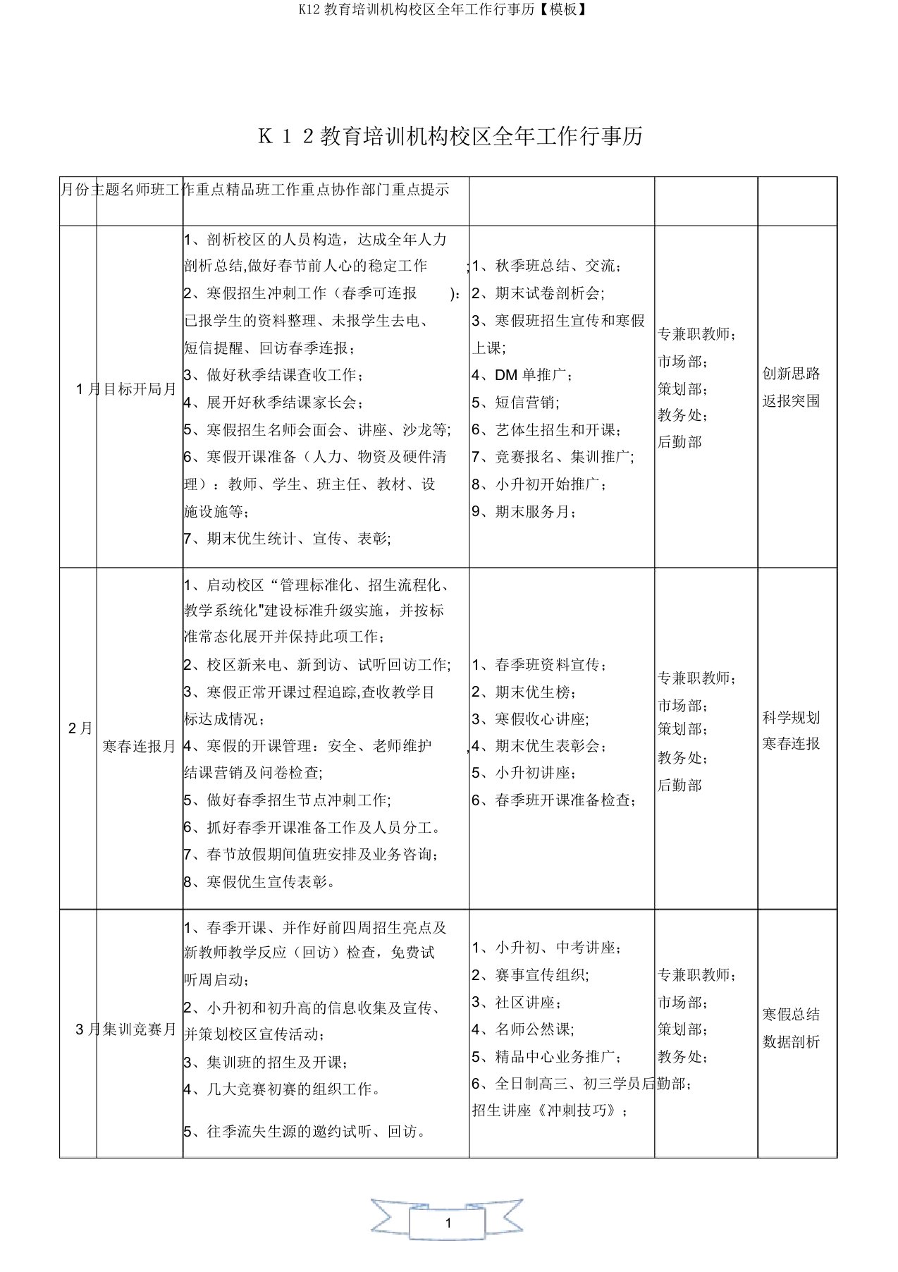 K12教育培训机构校区全年工作行事历【模板】