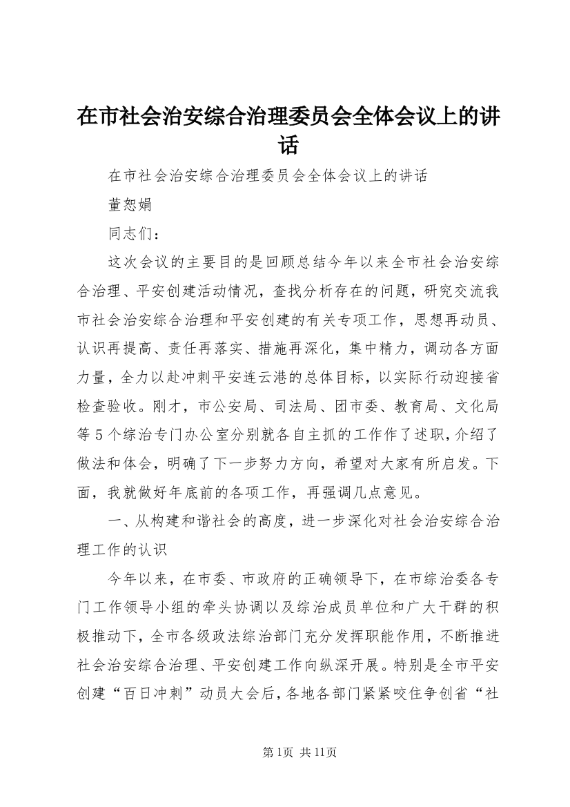 在市社会治安综合治理委员会全体会议上的讲话