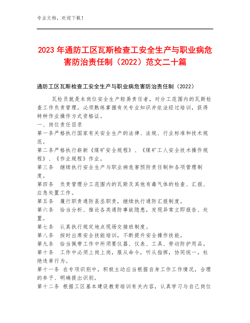 2023年通防工区瓦斯检查工安全生产与职业病危害防治责任制（2022）范文二十篇