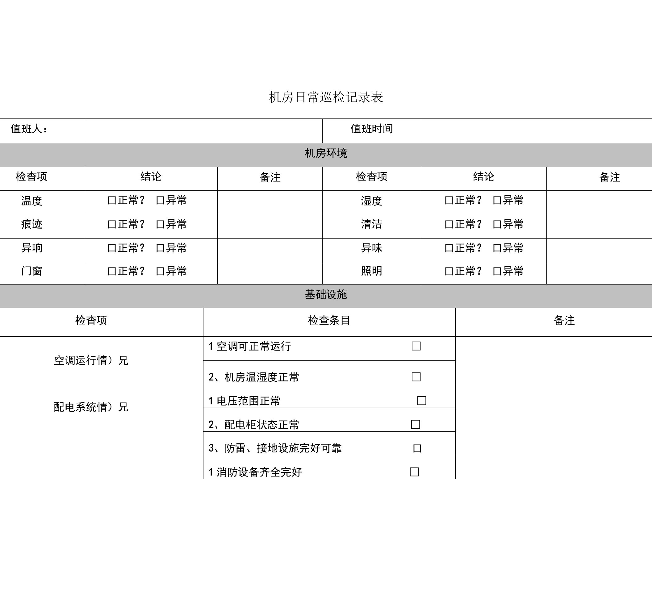 机房巡检记录表