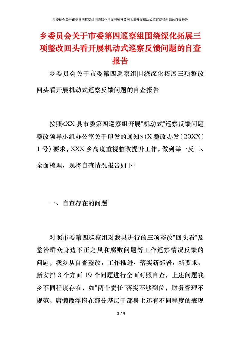 2021乡委员会关于市委第四巡察组围绕深化拓展三项整改回头看开展机动式巡察反馈问题的自查报告