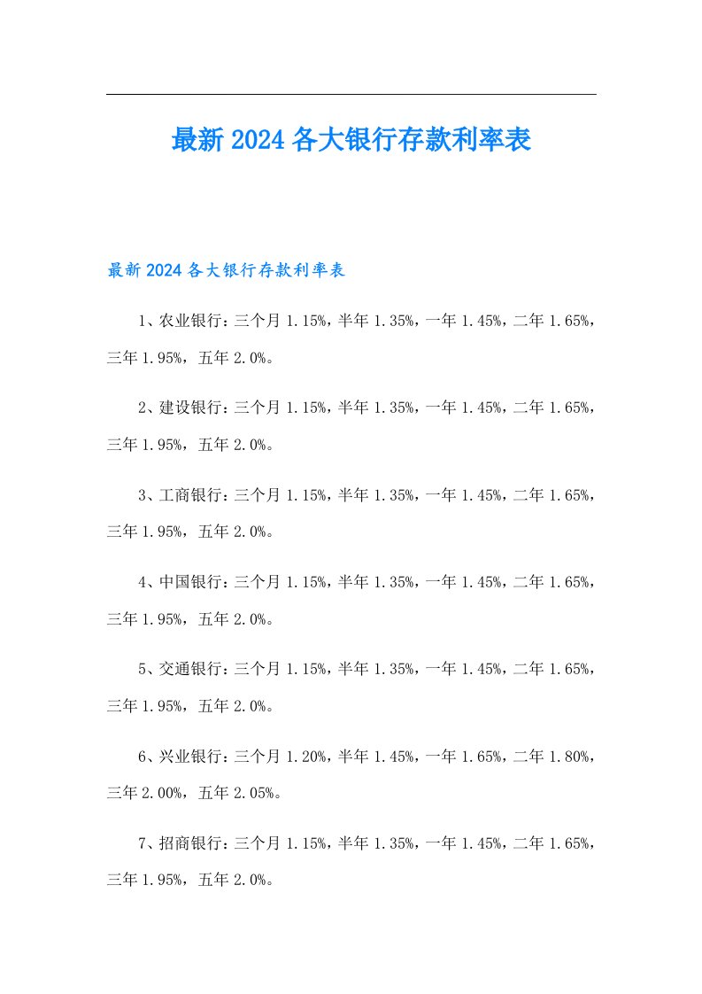 最新2024各大银行存款利率表