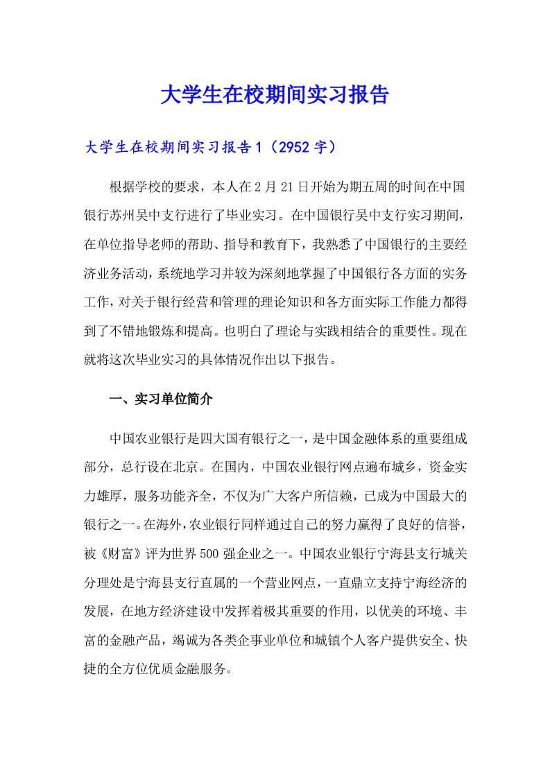 大学生在校期间实习报告