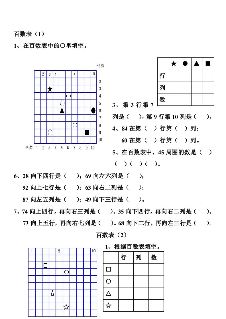 一年级数学百数表练习[精心整理]