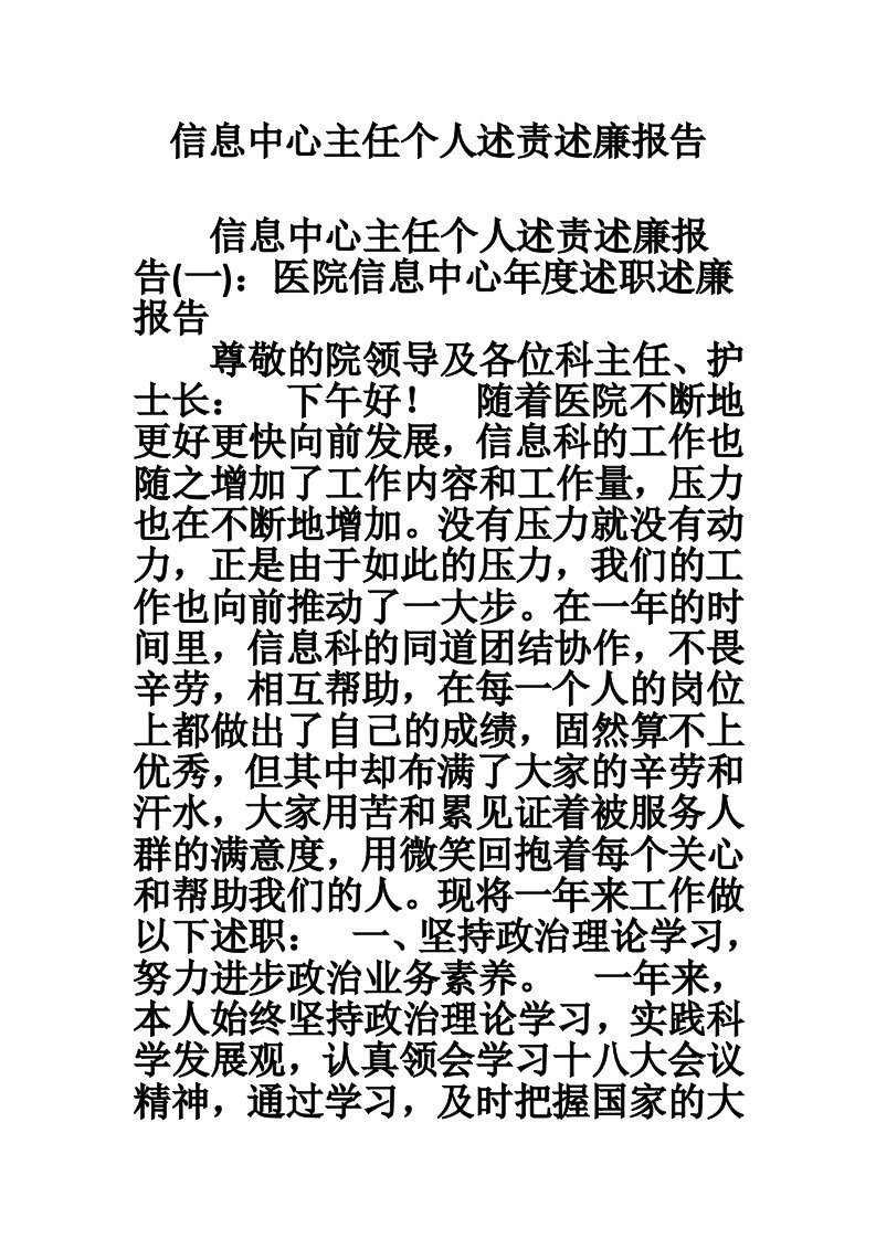 信息中心主任个人述责述廉报告