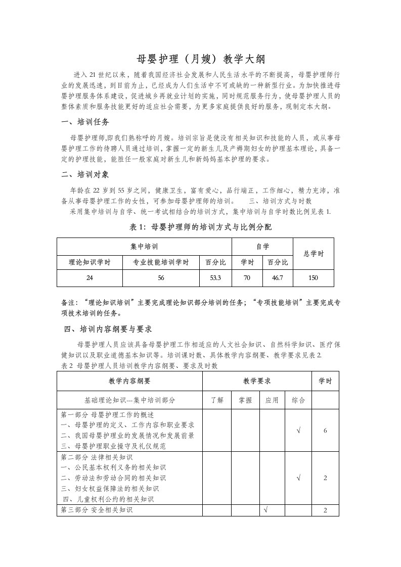 母婴护理(月嫂)教学大纲