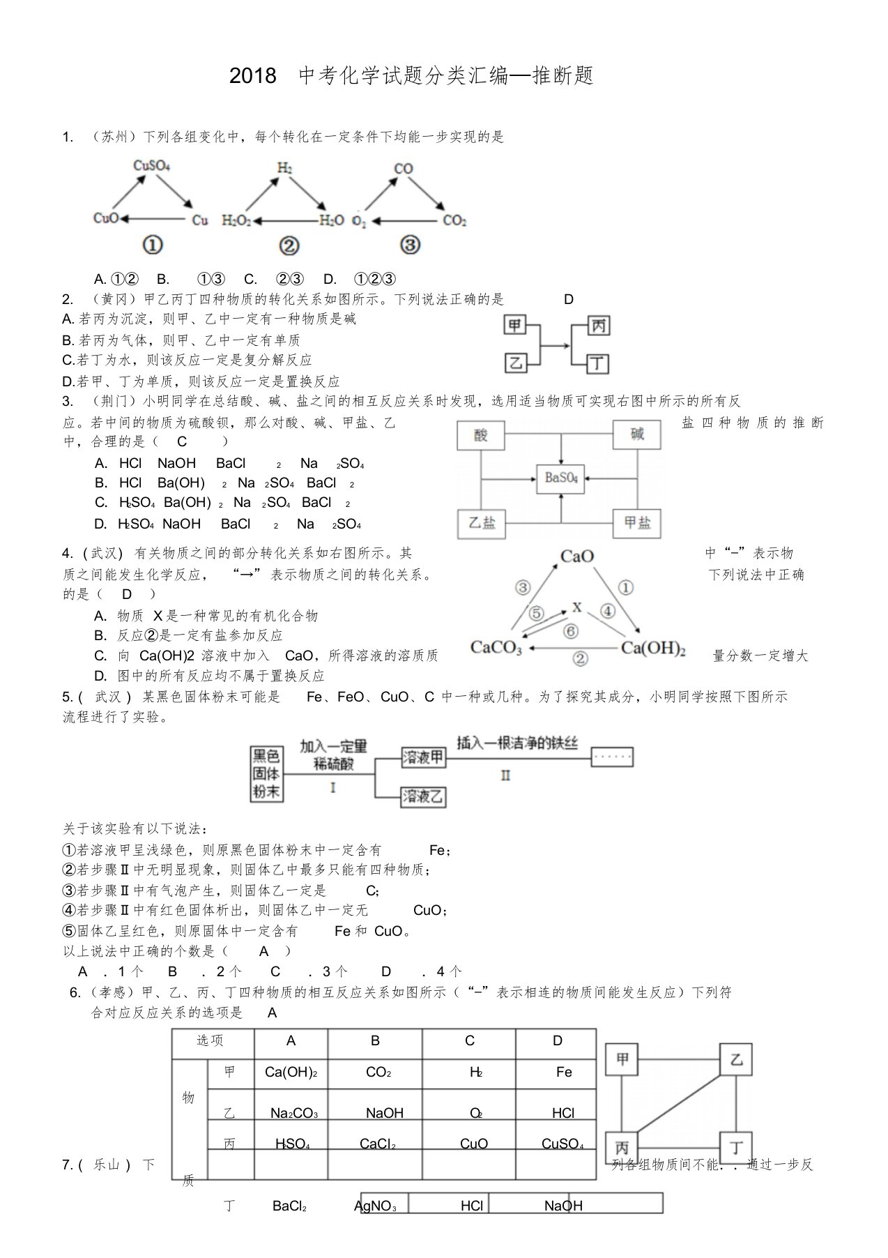 2019年全国各地中考化学试题分类汇编：推断题(含答案)