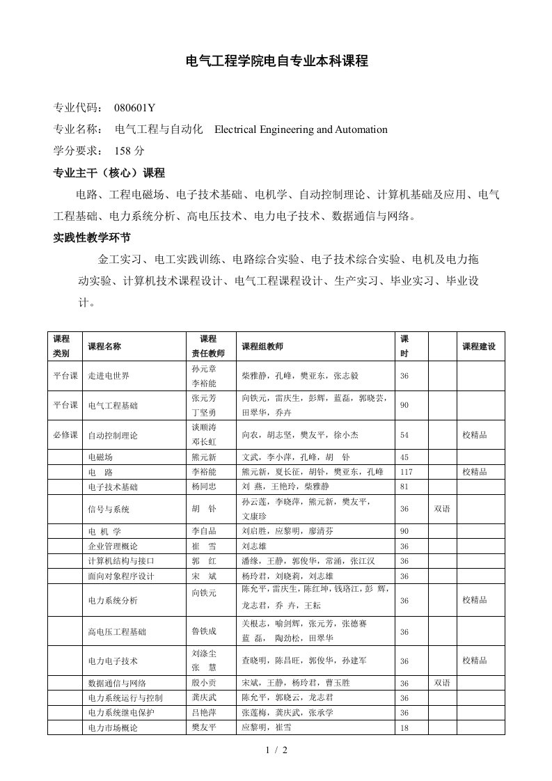 武大电力系统自动化本科课程设置