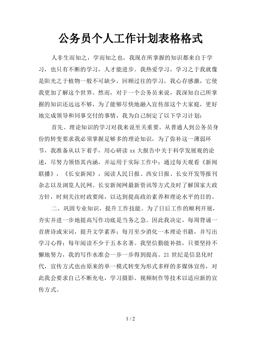 公务员个人工作计划表格格式