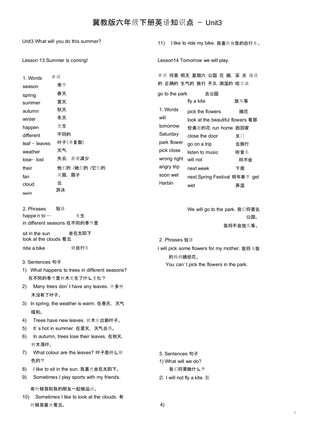 (完整版)冀教版六年级下册英语知识点UNIT3