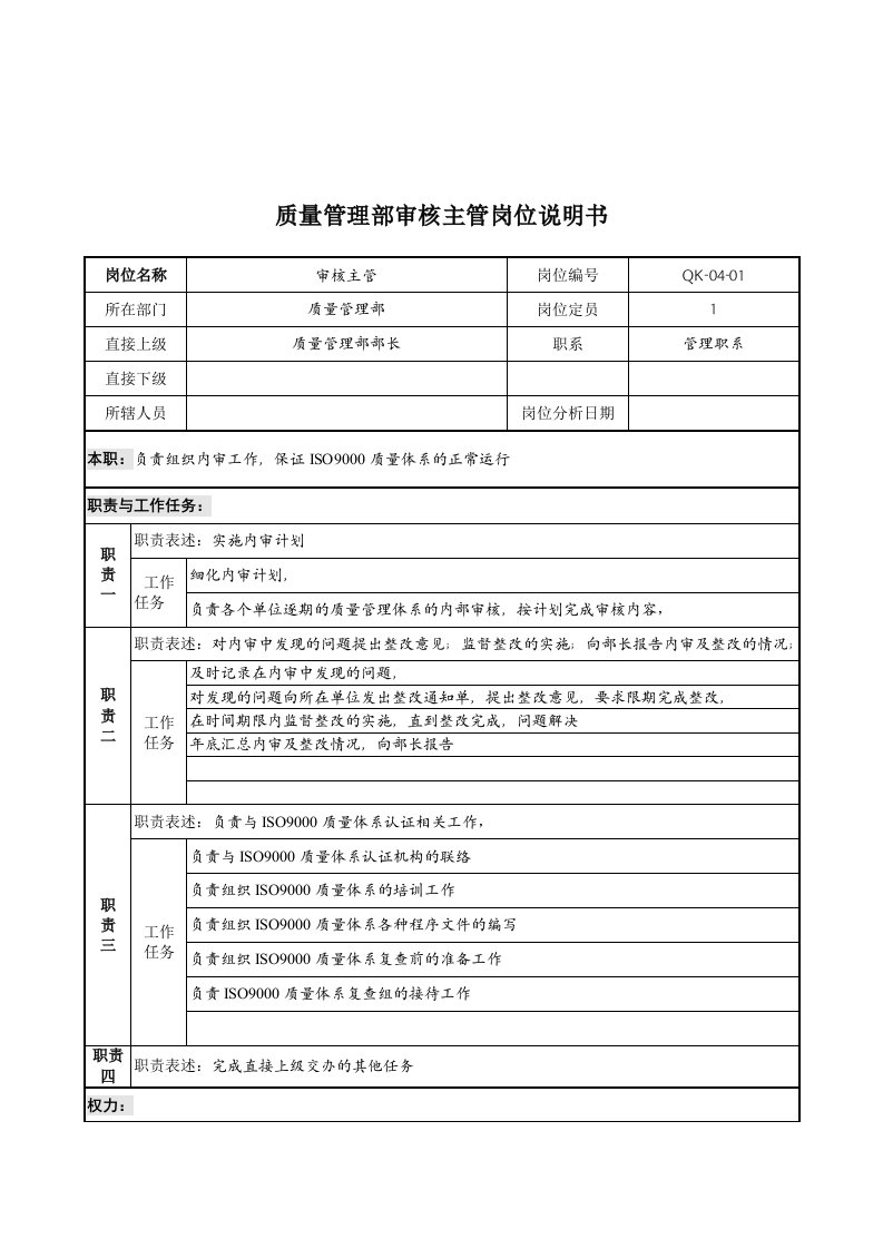 质量管理部审核主管职务说明书