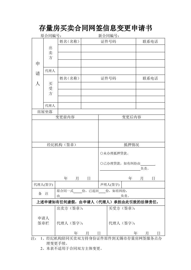 存量房买卖合同网签信息变更申请书