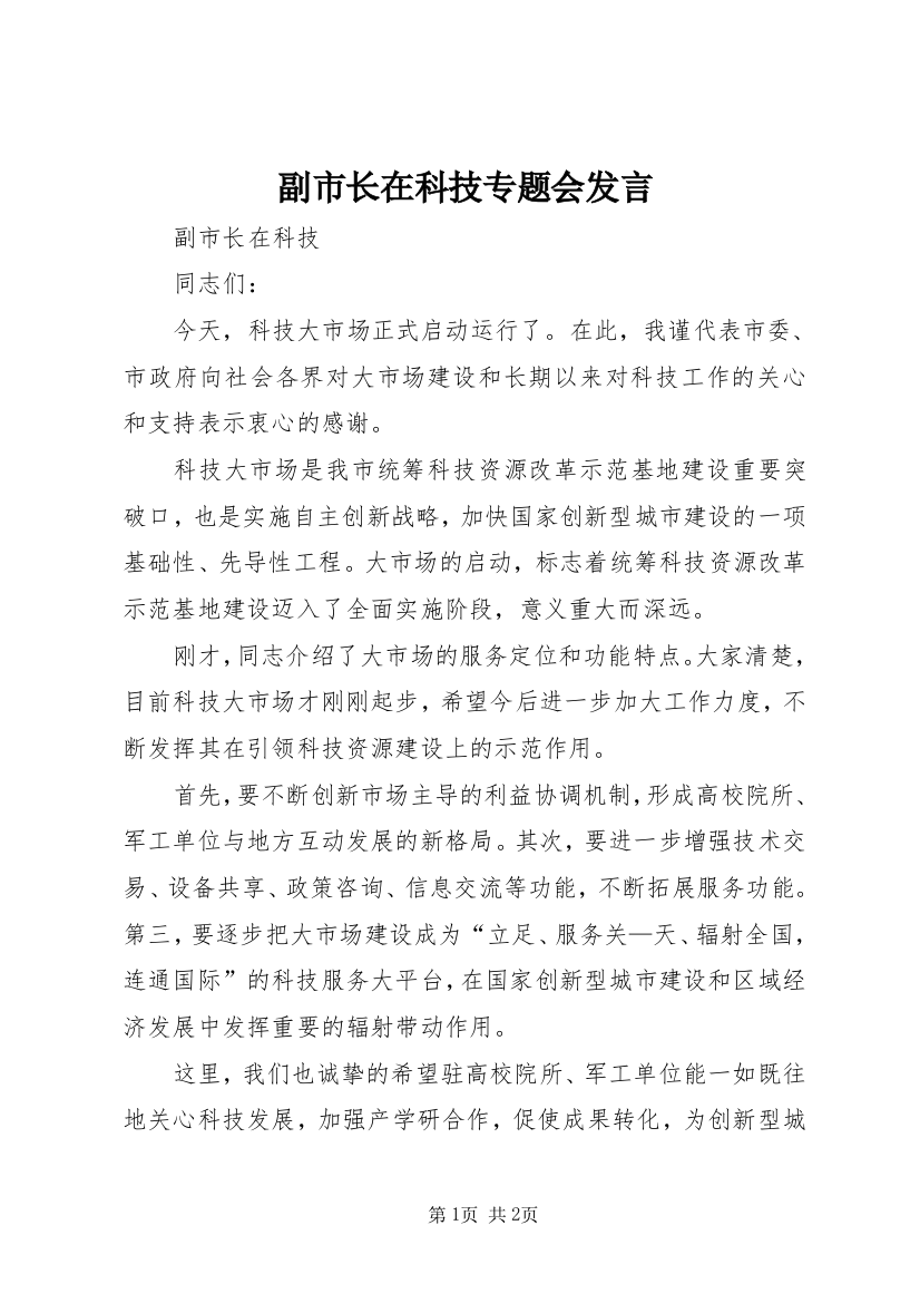 副市长在科技专题会发言