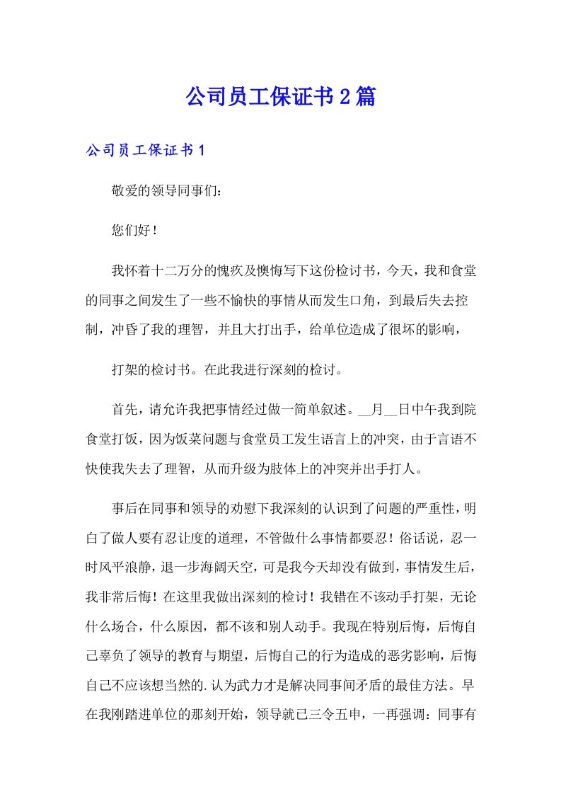 公司员工保证书2篇