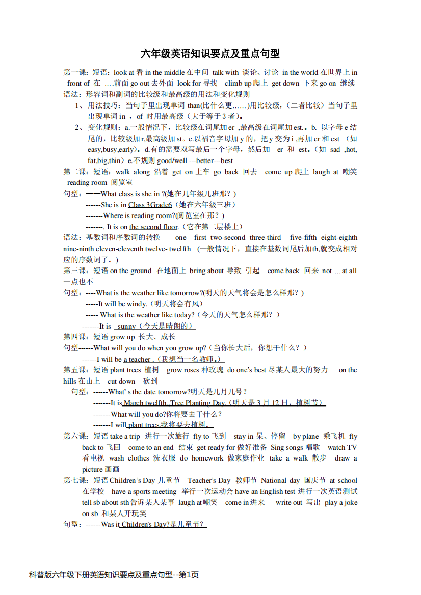 科普版六年级下册英语知识要点及重点句型