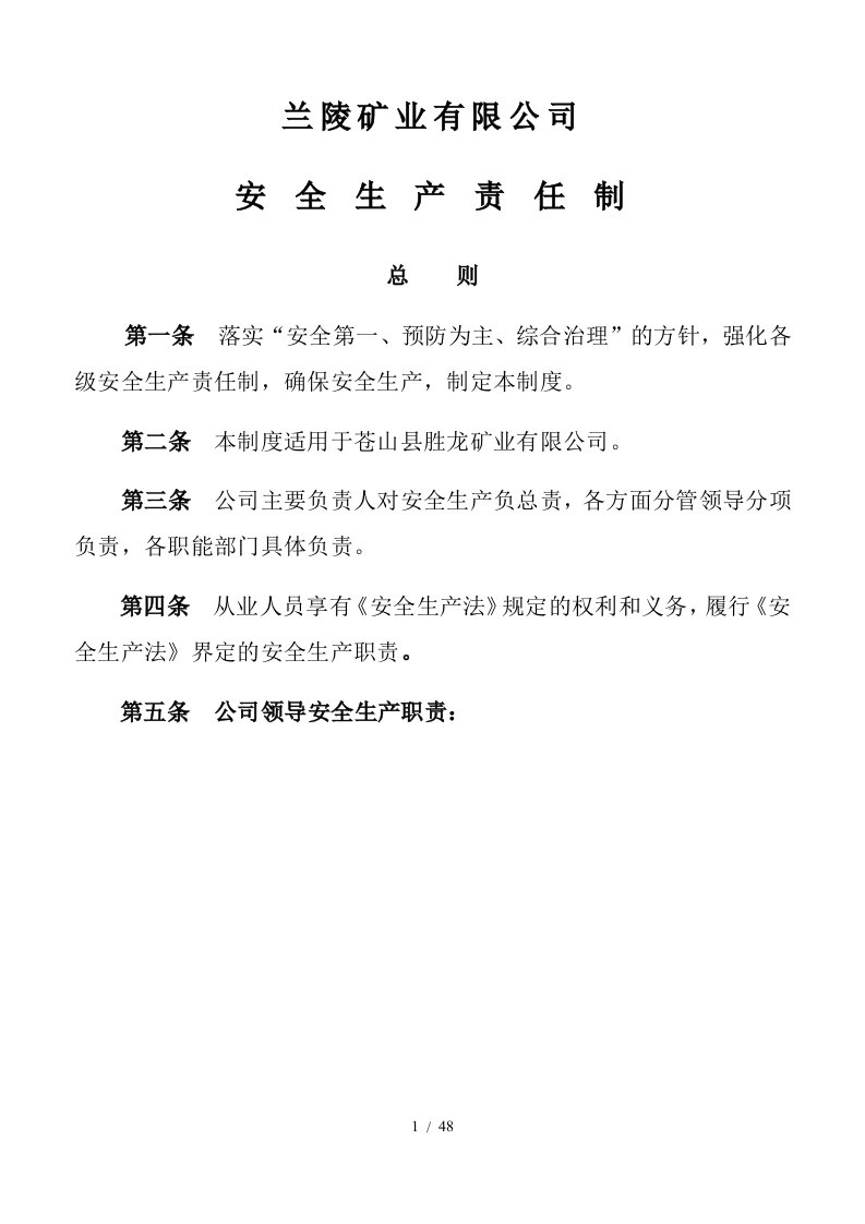 矿业公司安全生产责任制