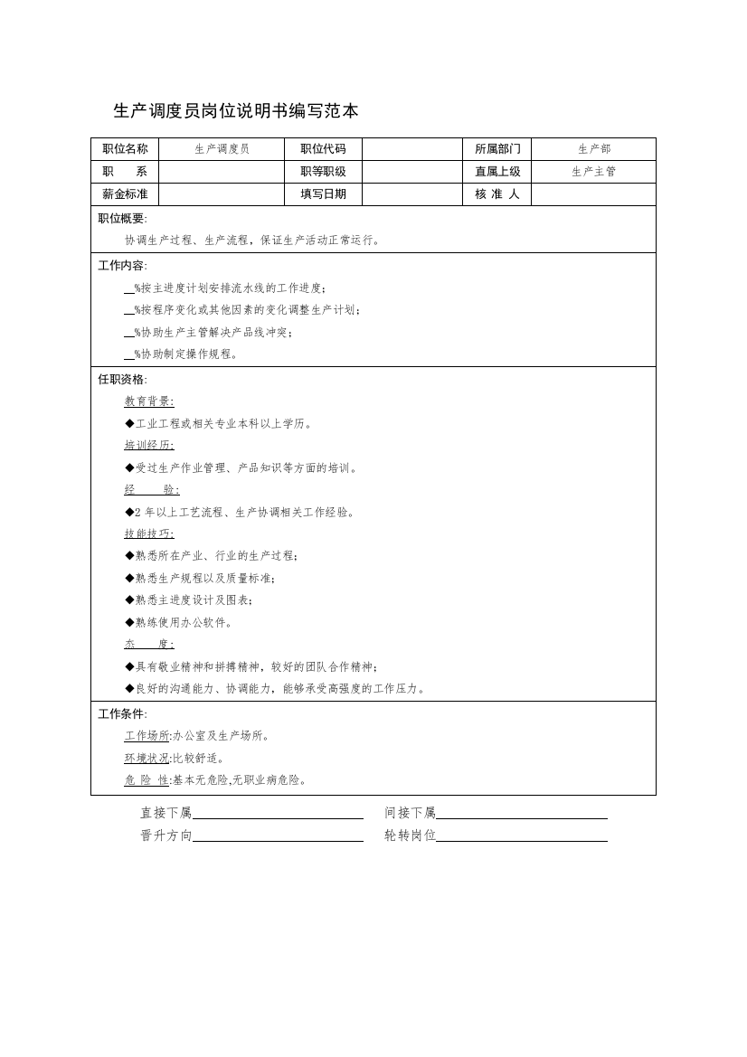 生产调度员岗位说明书编写范本