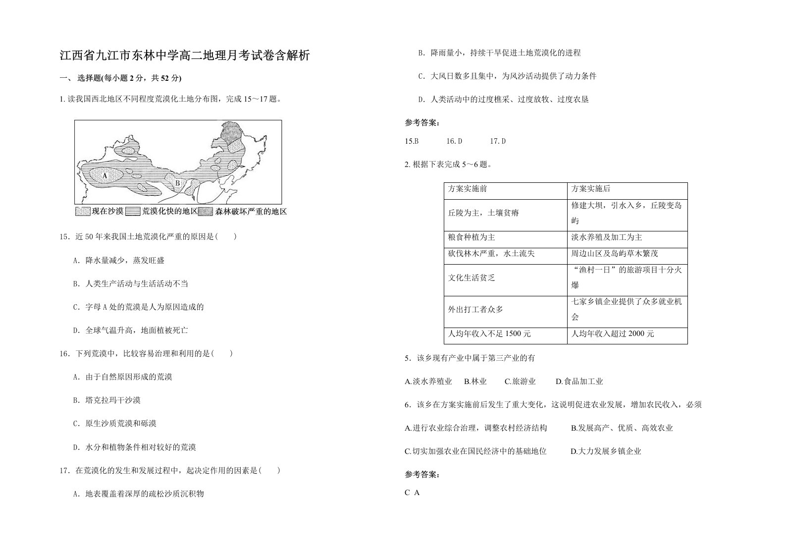 江西省九江市东林中学高二地理月考试卷含解析