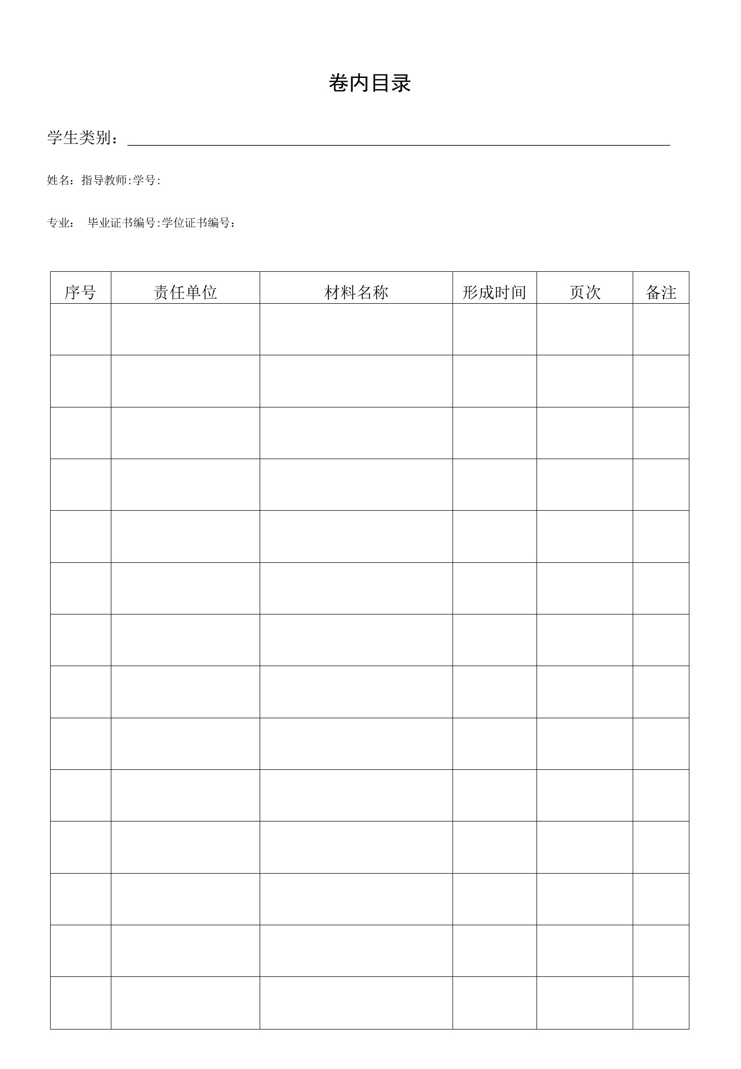 学位档案用空白卷内目录