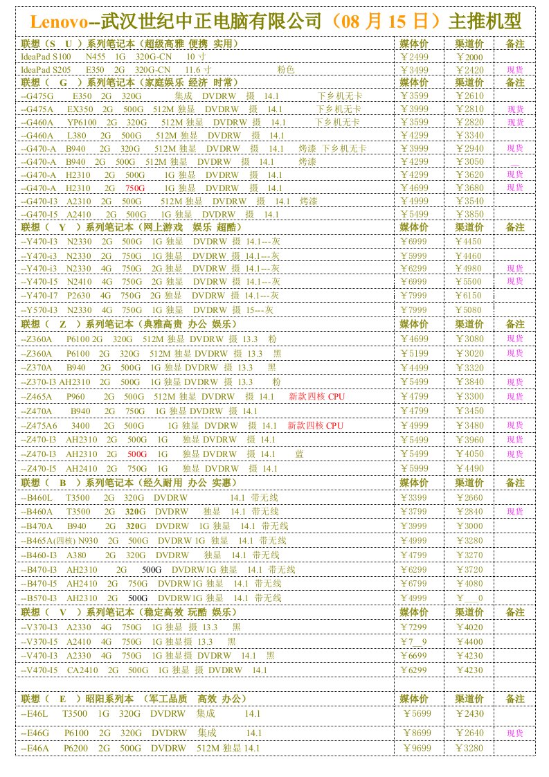 联想08-15渠道报价世纪中正A