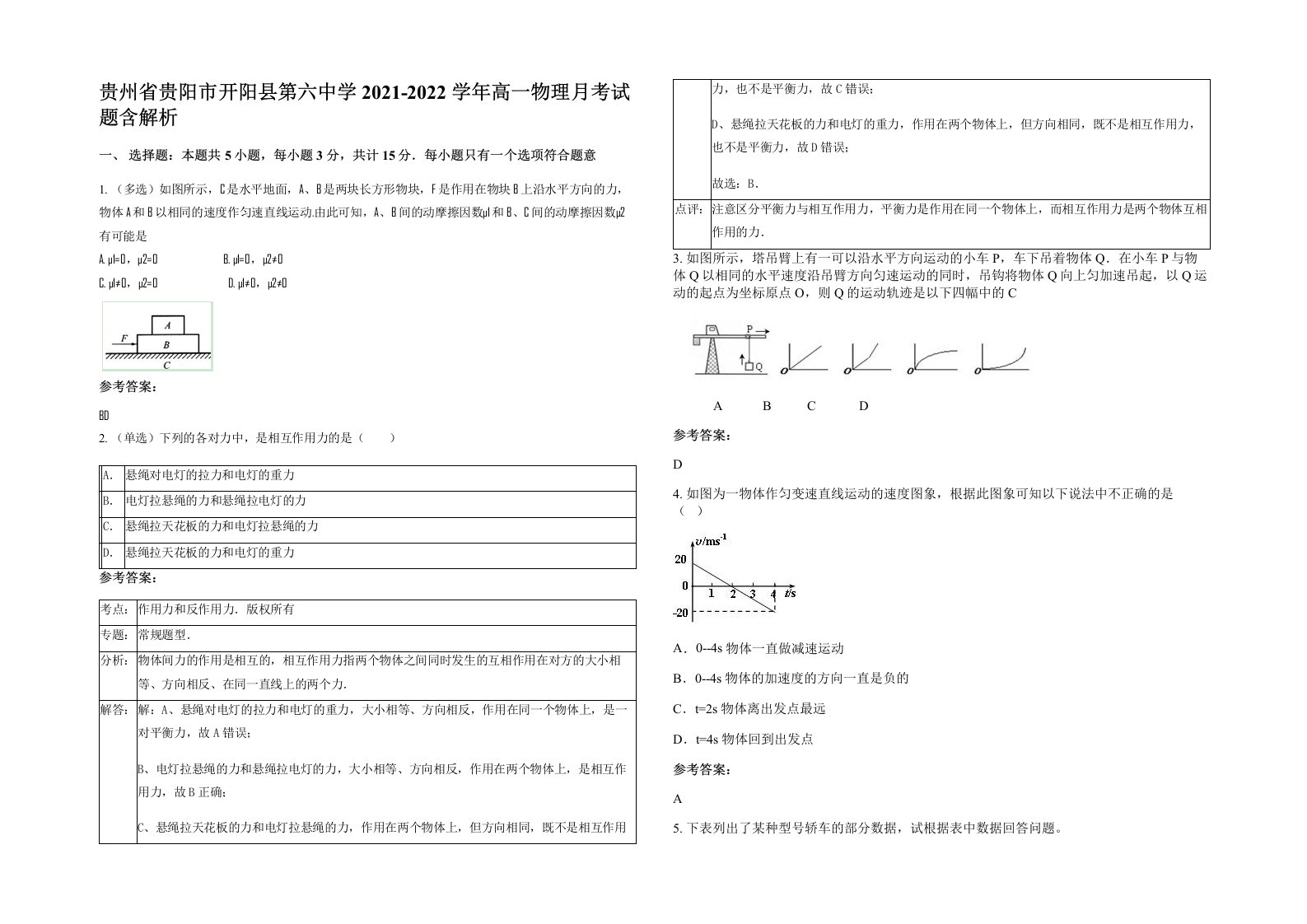 贵州省贵阳市开阳县第六中学2021-2022学年高一物理月考试题含解析