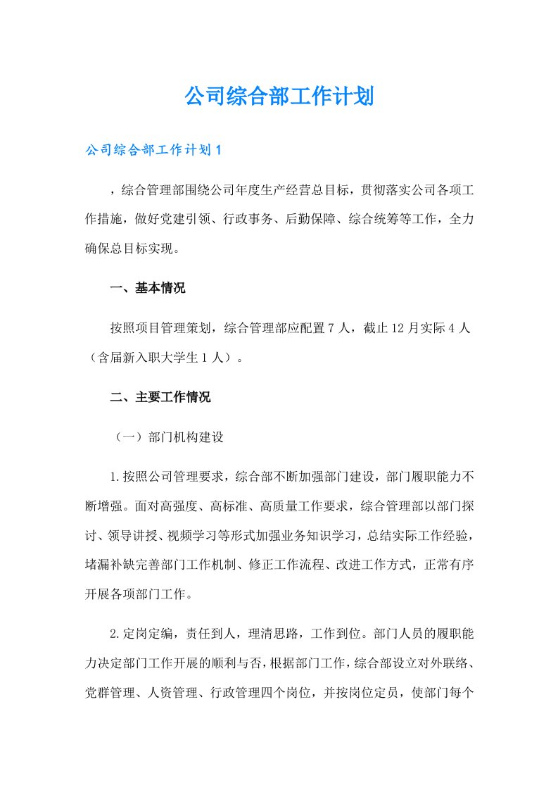 公司综合部工作计划