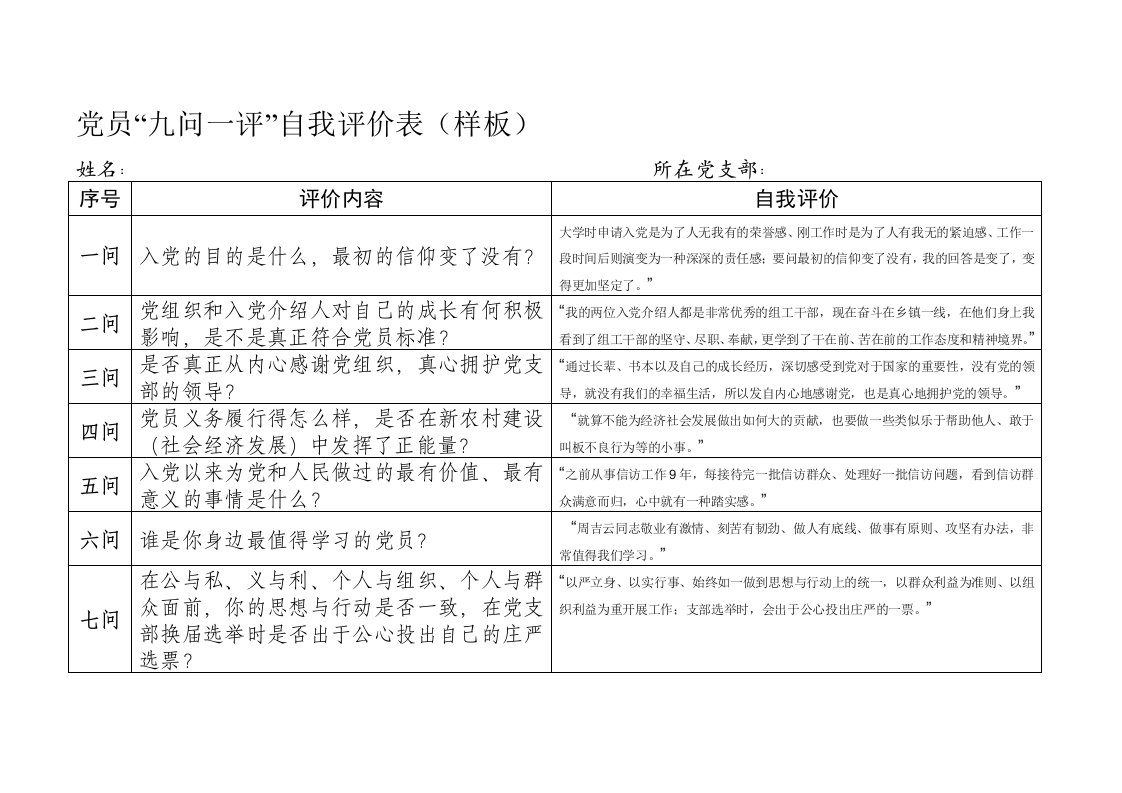 党员“九问一评”自我评价表(组织部样板)