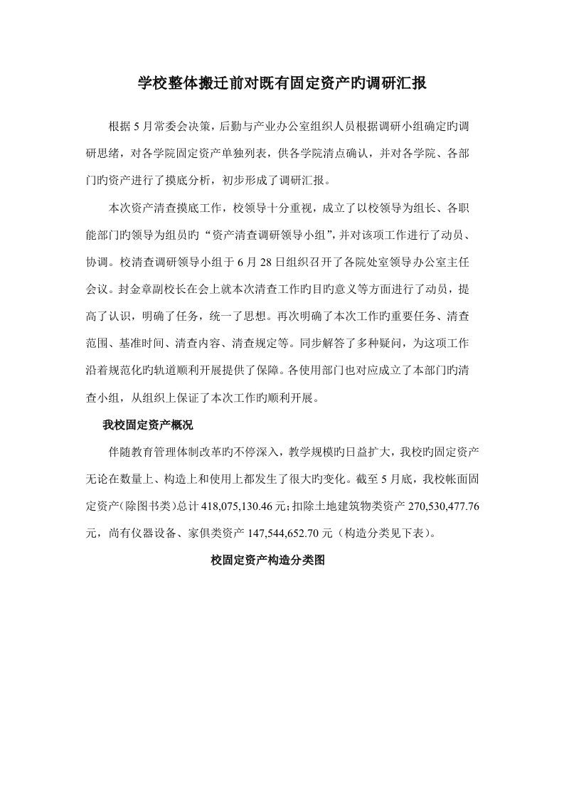 学校整体搬迁前对现有固定资产的调研报告