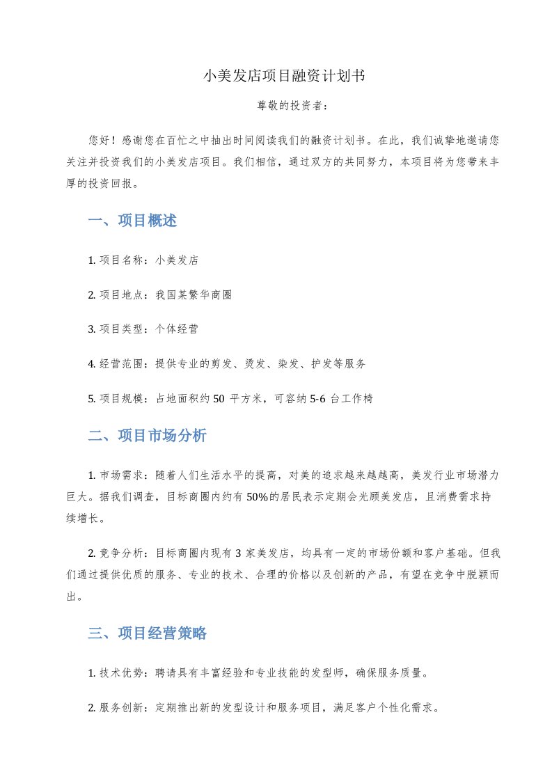 小美发店项目融资计划书