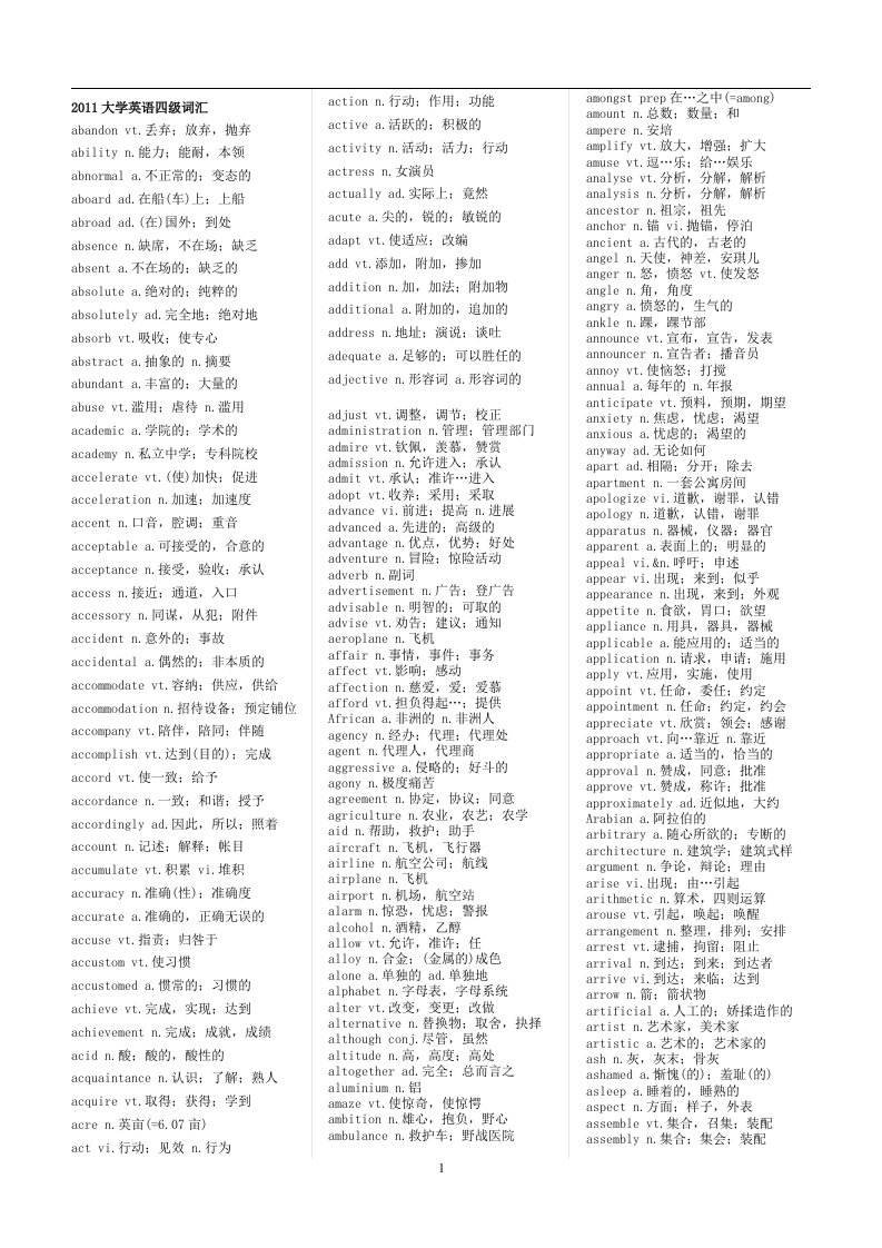 大学英语四级大纲词汇一览表