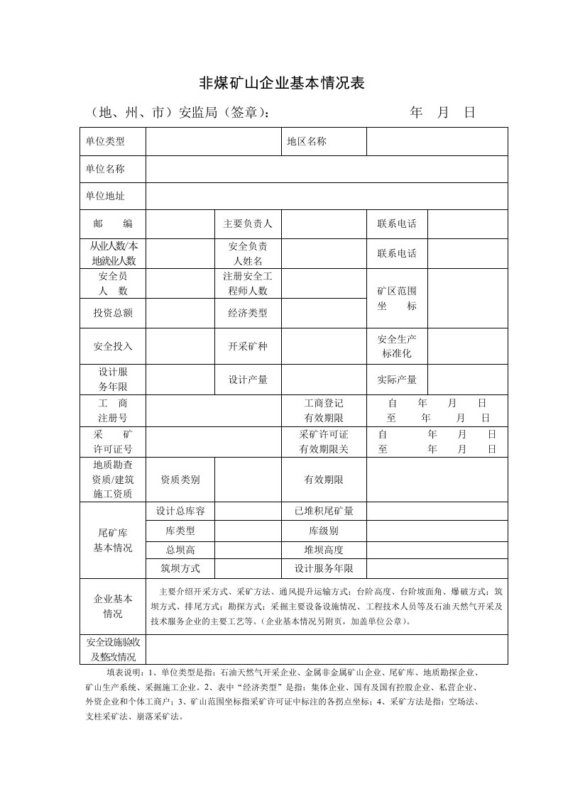 非煤矿山企业基本情况表